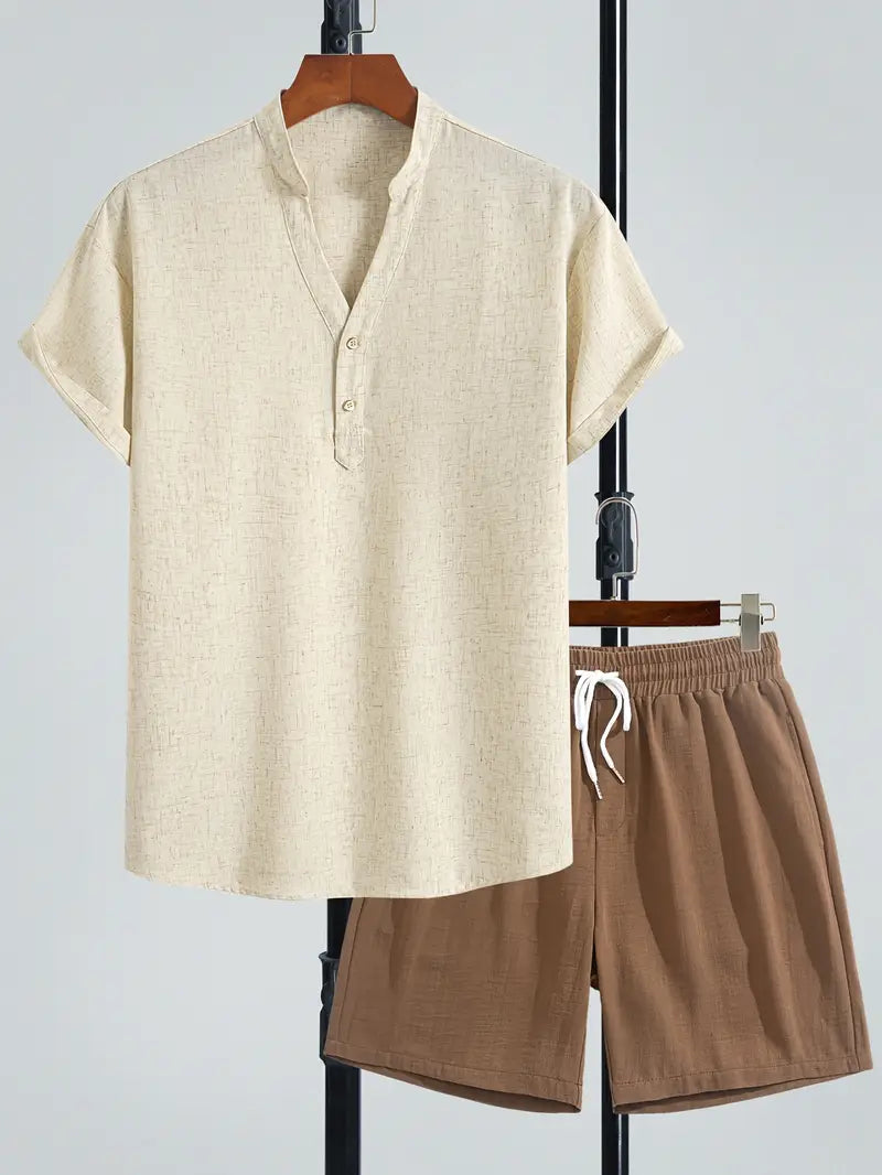 Men’s V-Neck Linen Blend 2-Piece Set