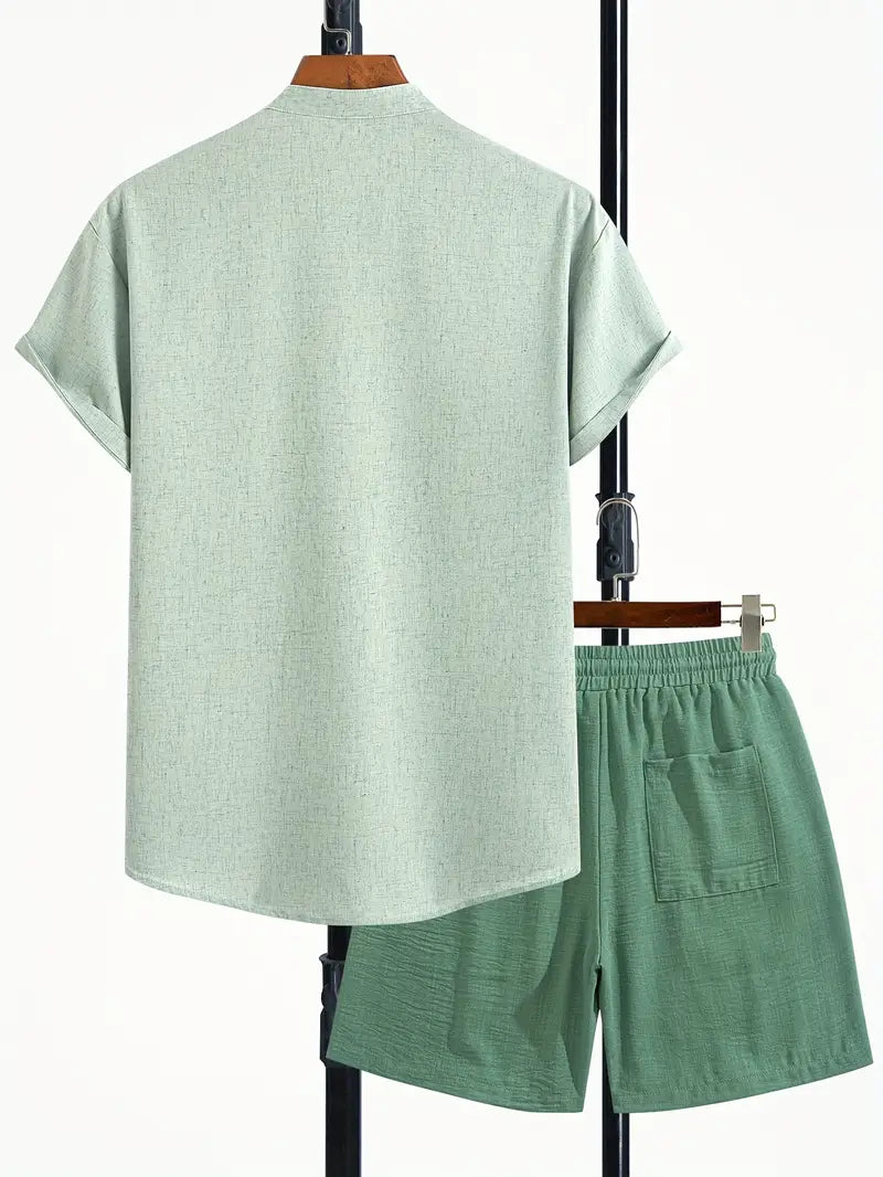 Men’s V-Neck Linen Blend 2-Piece Set