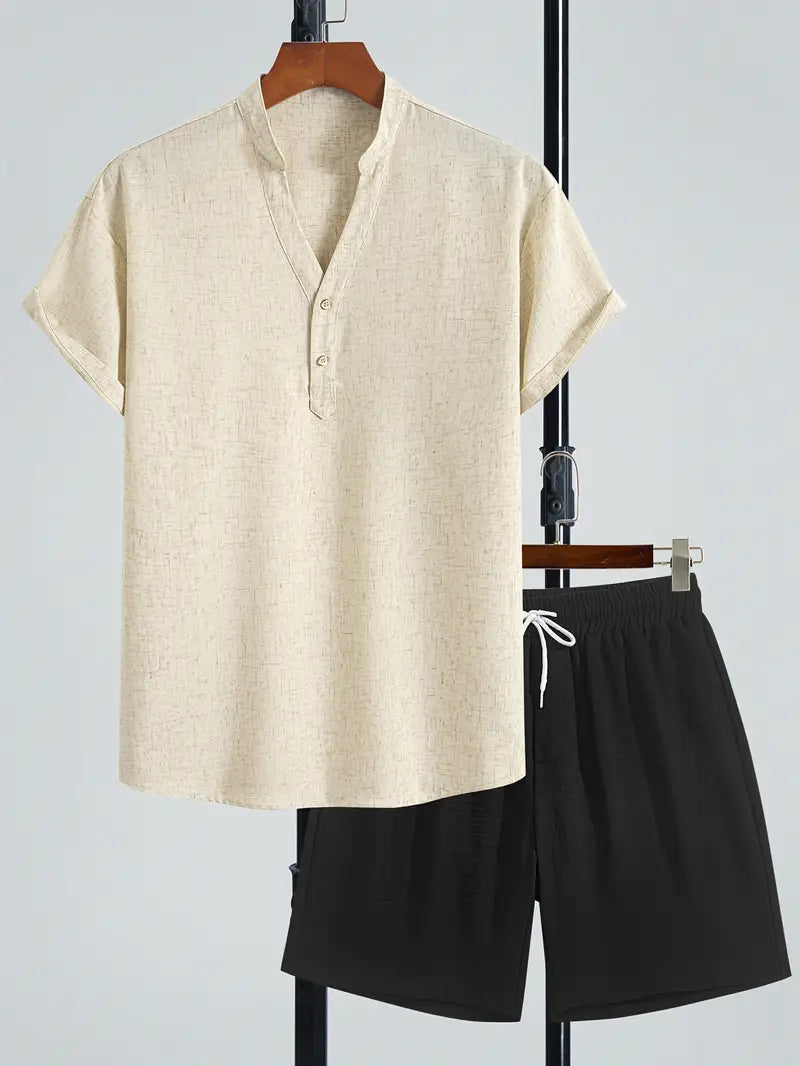 Men’s V-Neck Linen Blend 2-Piece Set